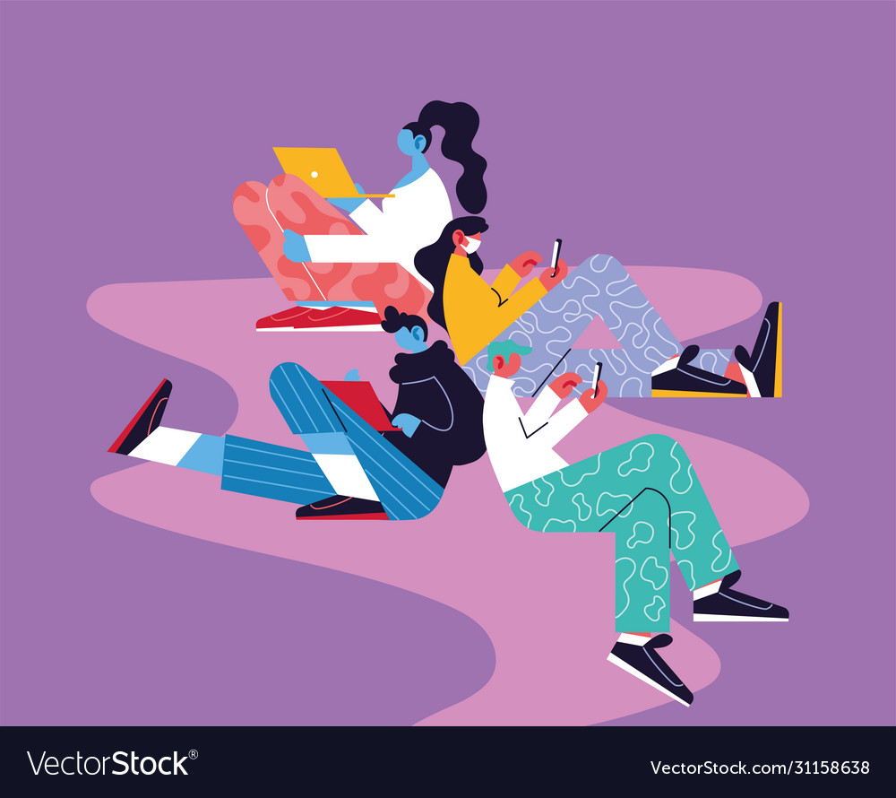 Poster people with smartphone and laptop Vector Image