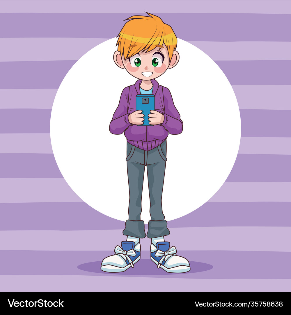 Young teenager boy kid using smartphone device Vector Image