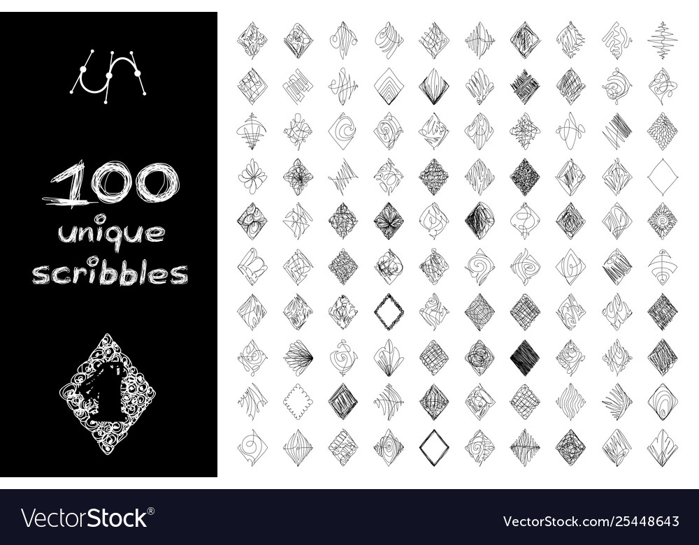 Black 100 scribbles objects set vector image Black 100 scribbles objects set