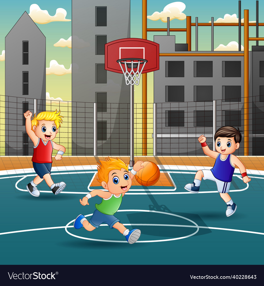 Cartoon kids playing basketball on the court