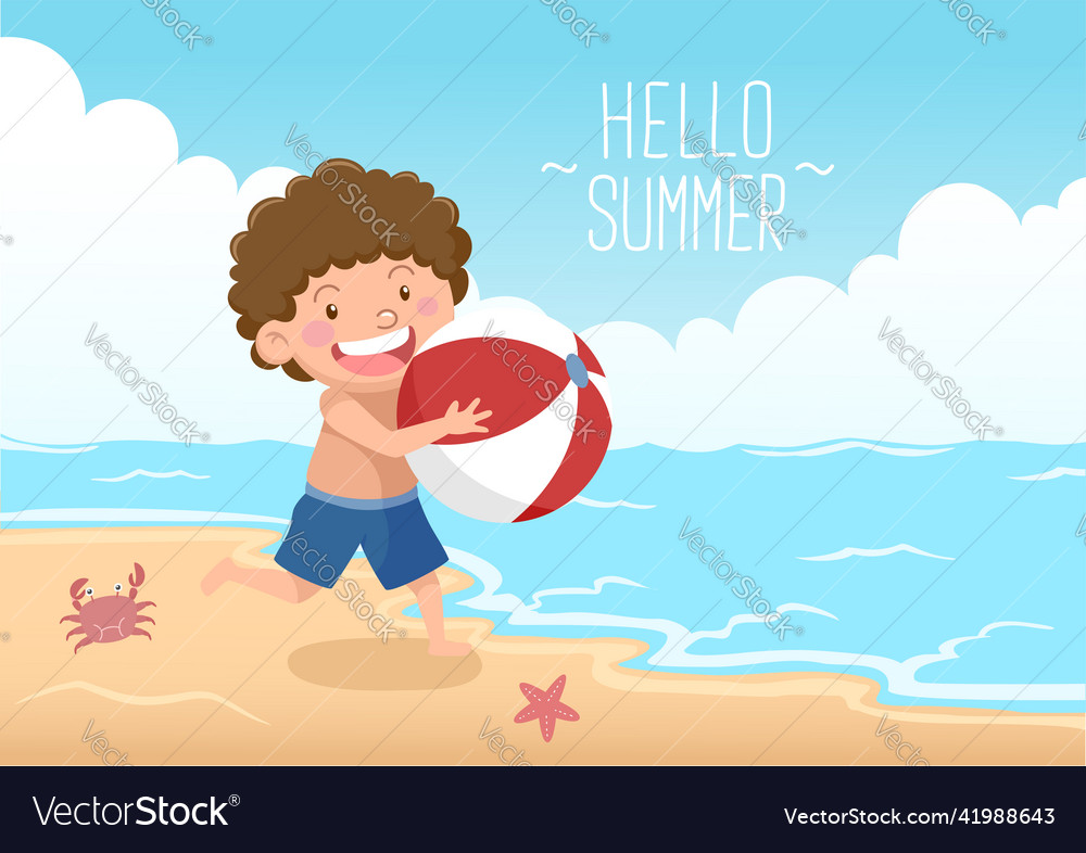 Cute boy with beach ball at the hello summer