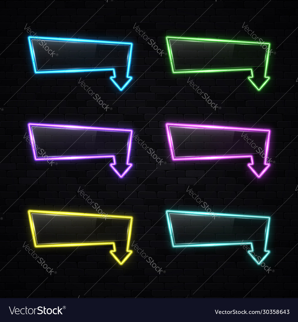 Neon light rectangle arrow pointer set on black