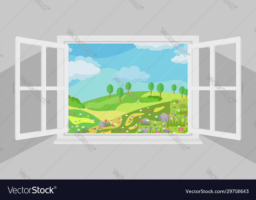 Offenes Fenster mit schöner Sommerlandschaft