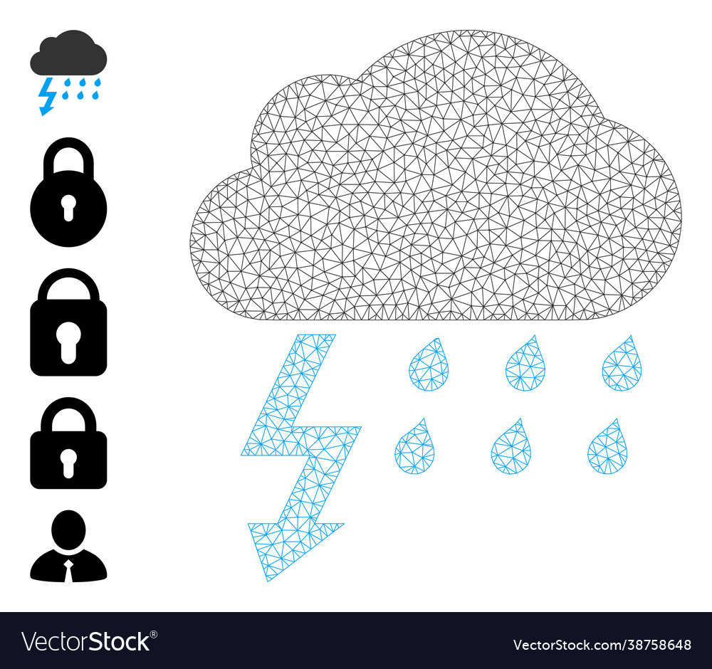 Polygonal net thunderstorm icon with simple glyphs