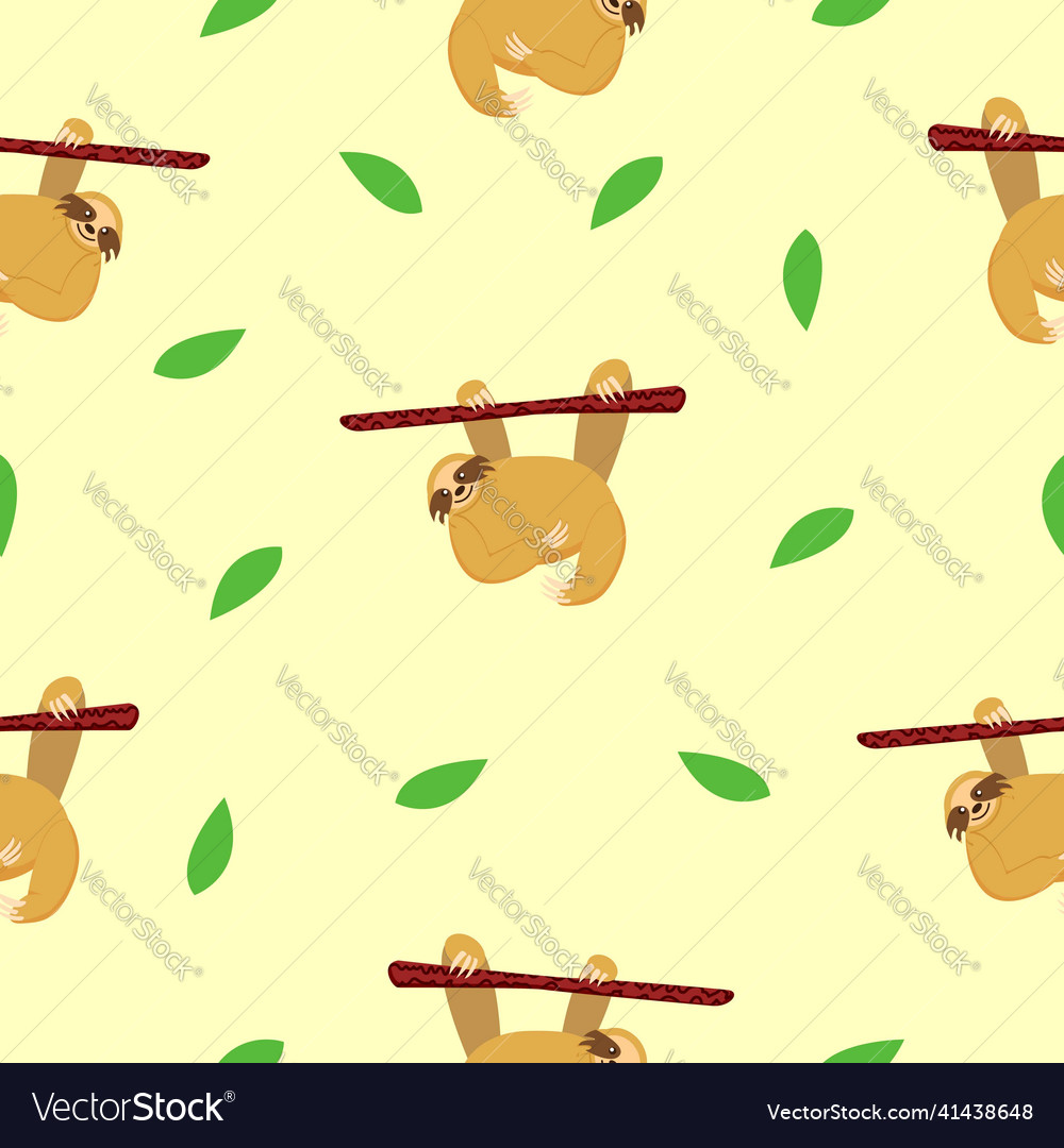 Seamless pattern of sloths hanging on tree branch