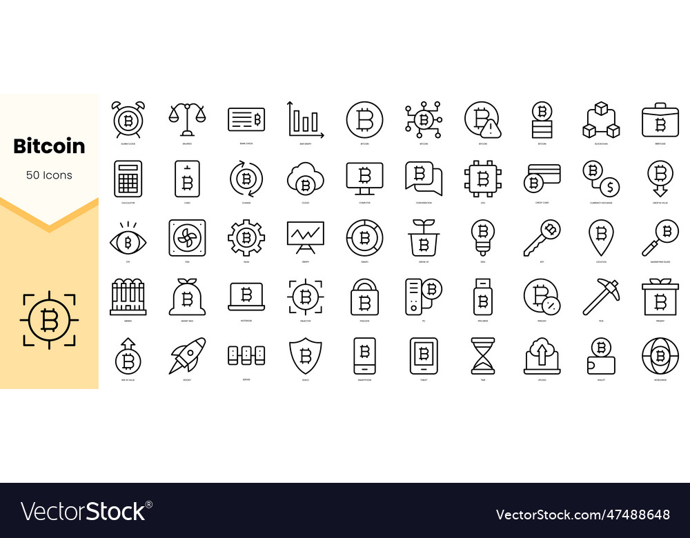Set of bitcoin icons simple line art style