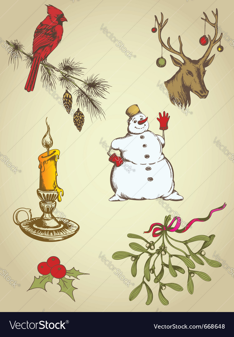 Set of vintage hand drawn christmas elements