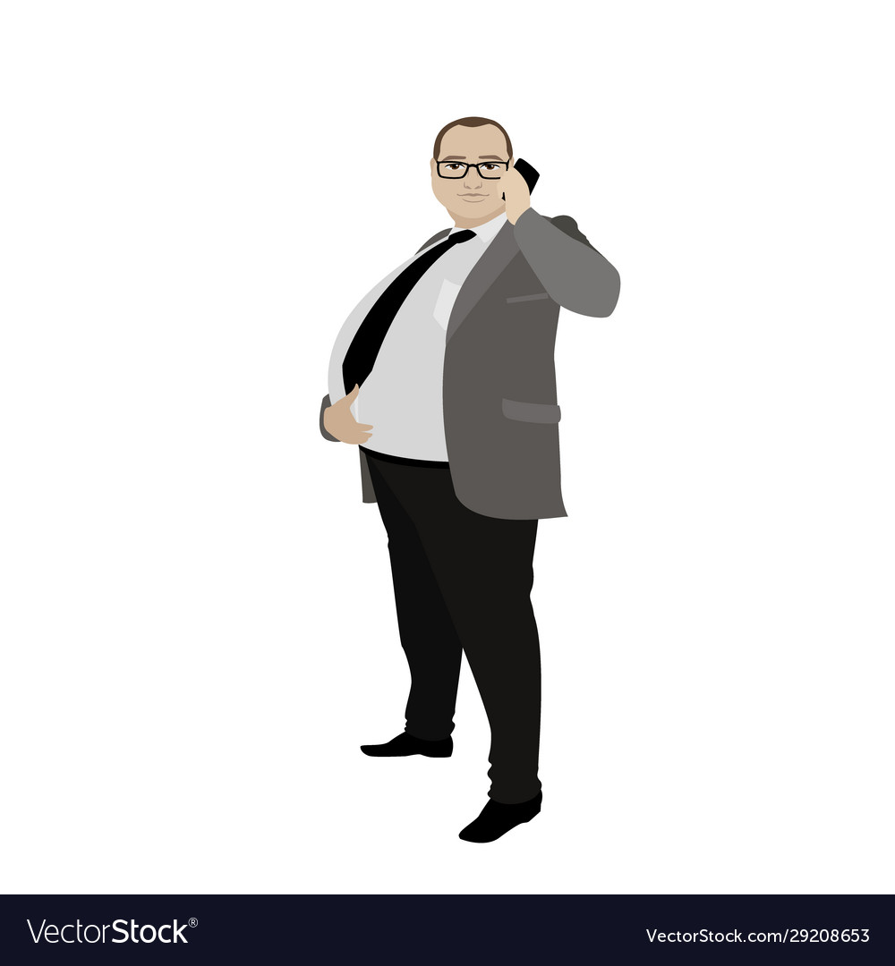 Cartoon fat businessman with cell phone isolated