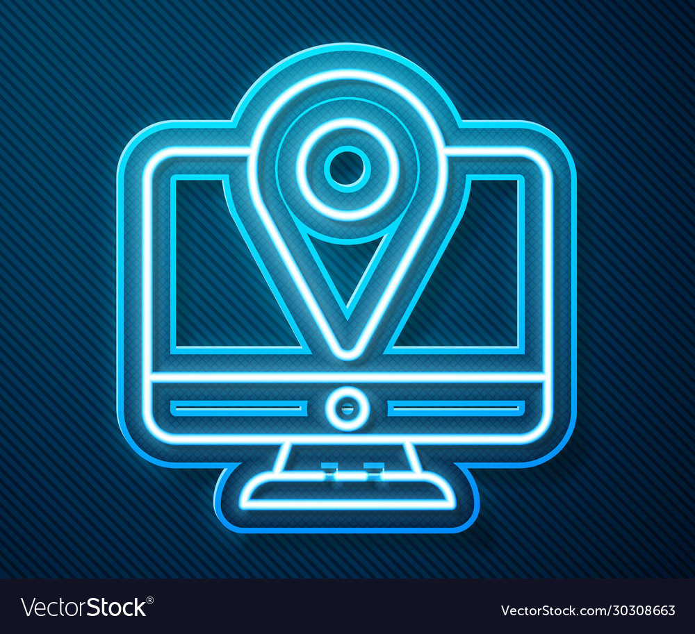 Glowing neon line computer monitor and folded map vector image Glowing neon line computer monitor and folded map