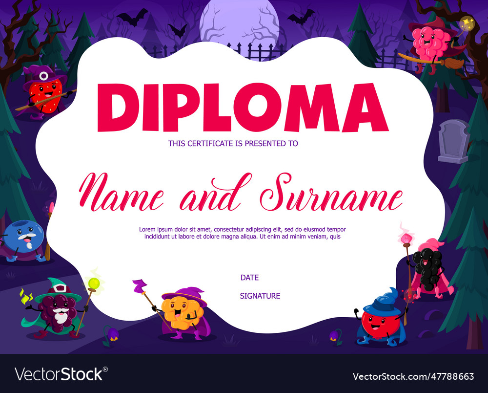 Kids diploma template berry wizards at cemetery Vector Image