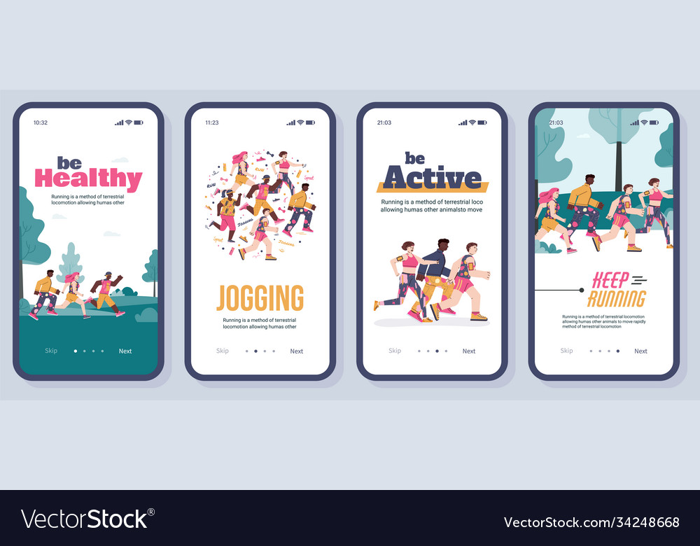 Set onboarding screens for running and jogging vector image Set onboarding screens for running and jogging