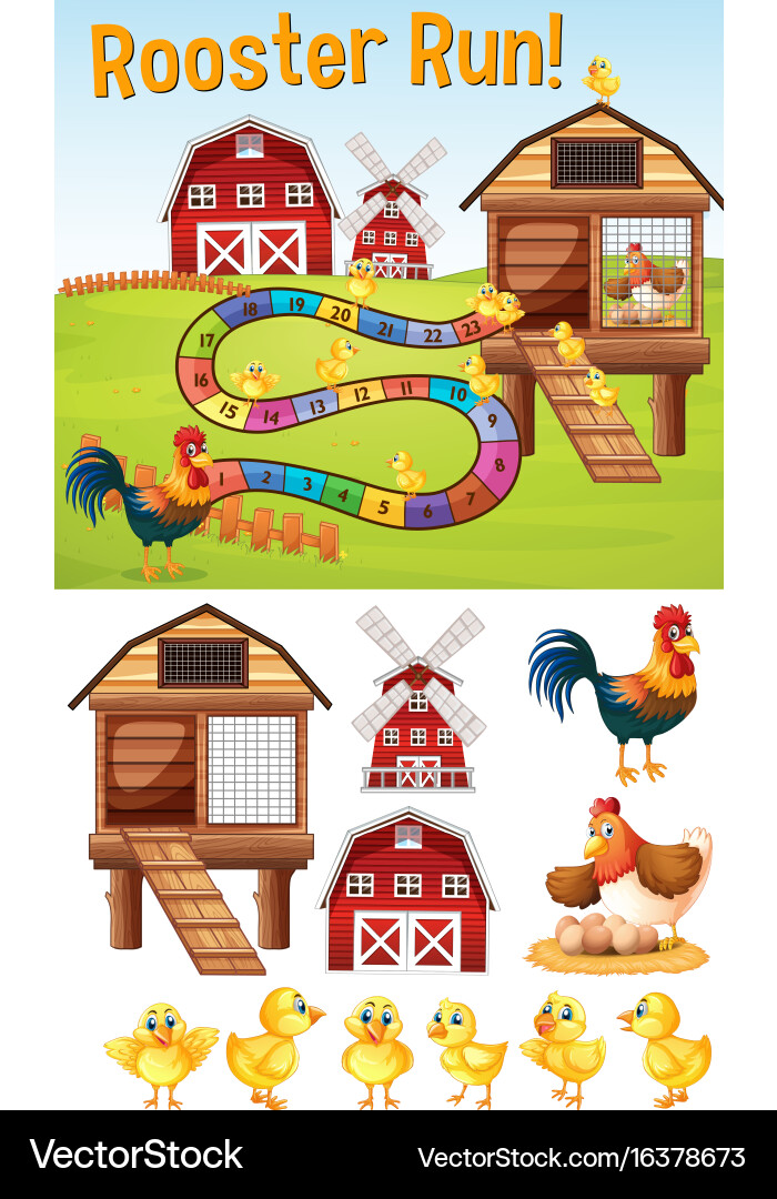 Boardgame template with chickens on farmyard Vector Image