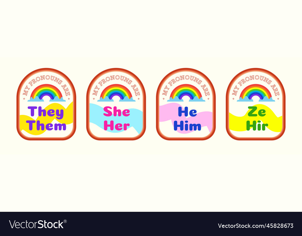 Pronouns sticker set with rainbow cartoon style