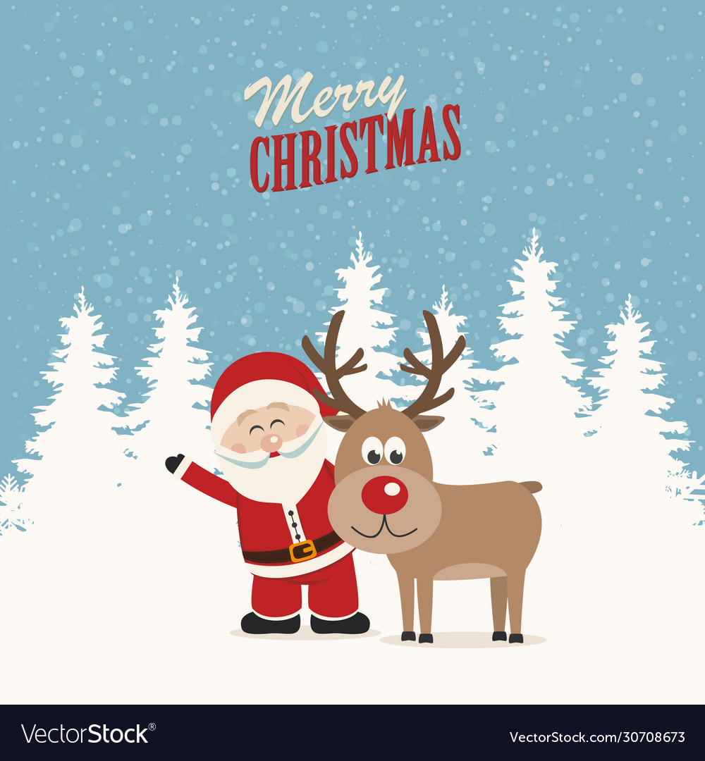 Santa claus and reindeer snowy winter background