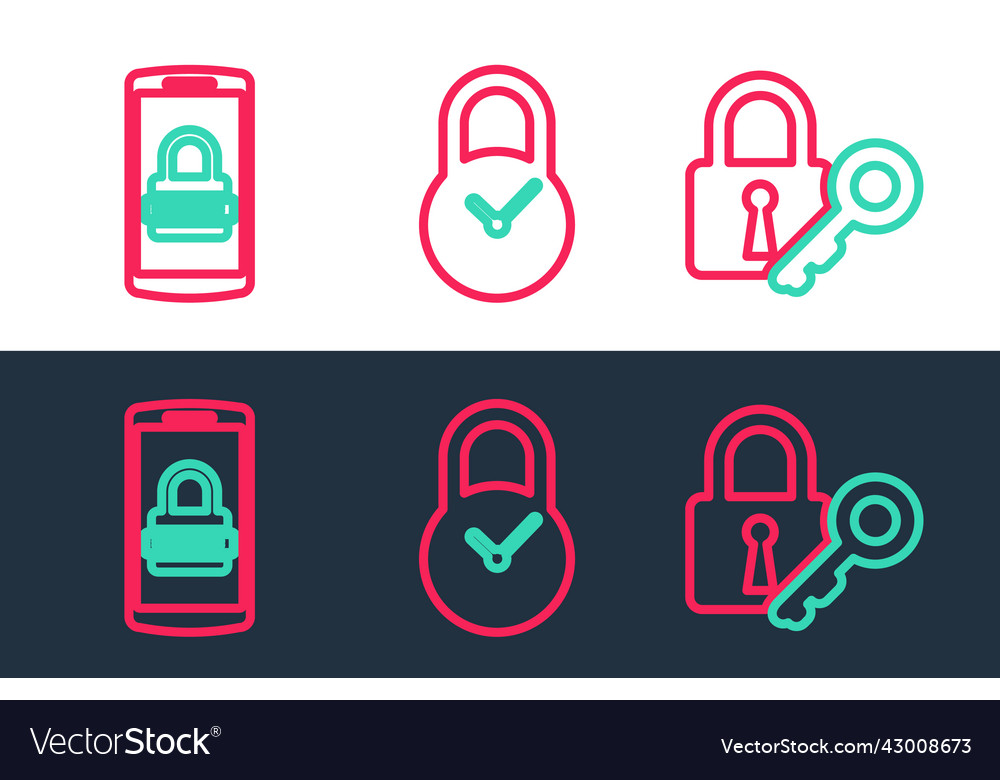 Set line lock and key mobile password padlock vector image Set line lock and key mobile password padlock