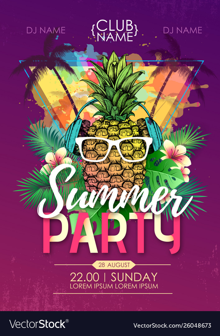 Summer beach party disco poster with pineapple Vector Image