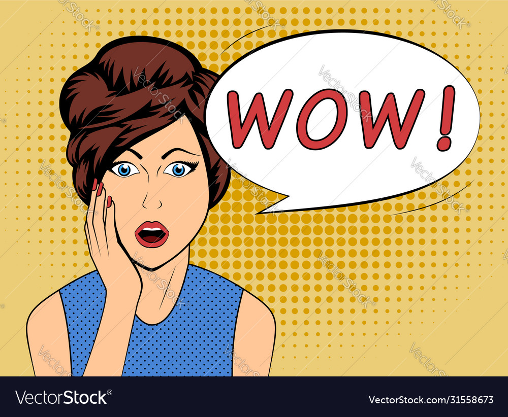 Surprised woman with wow speech bubble in old Vector Image