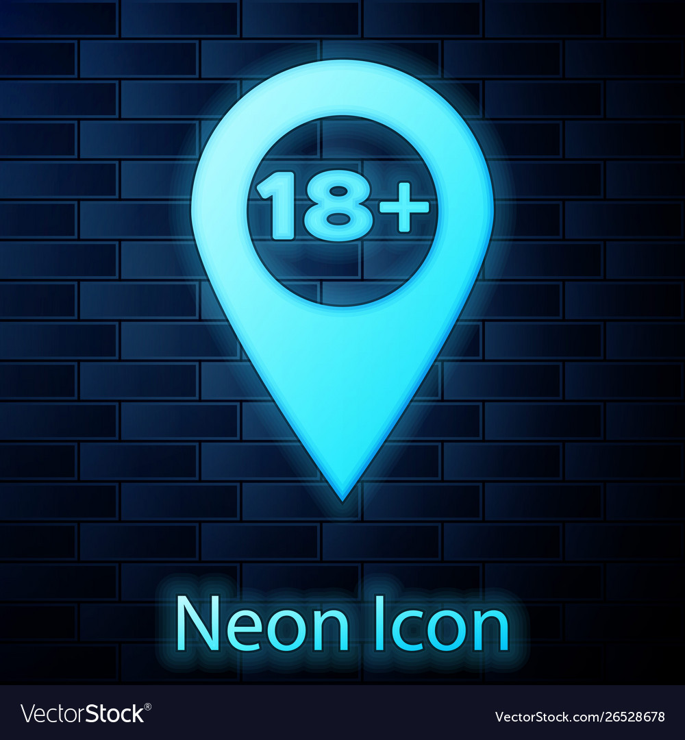Glowing neon map pointer with 18 plus icon vector image Glowing neon map pointer with 18 plus icon
