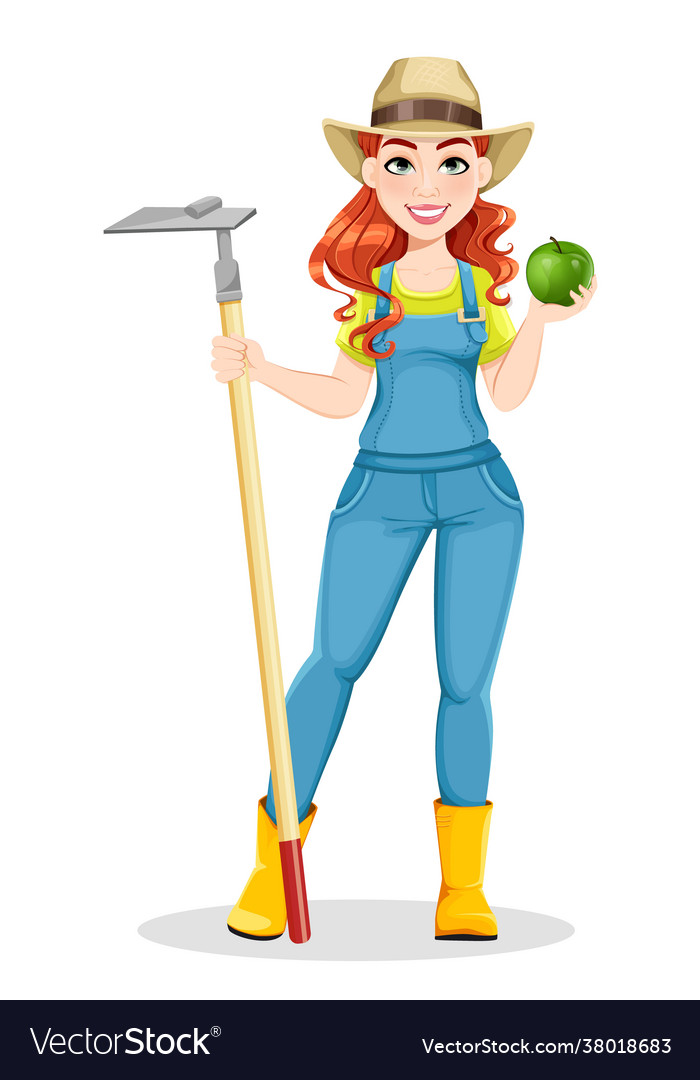 Beautiful woman farmer holding hoe Royalty Free Vector Image