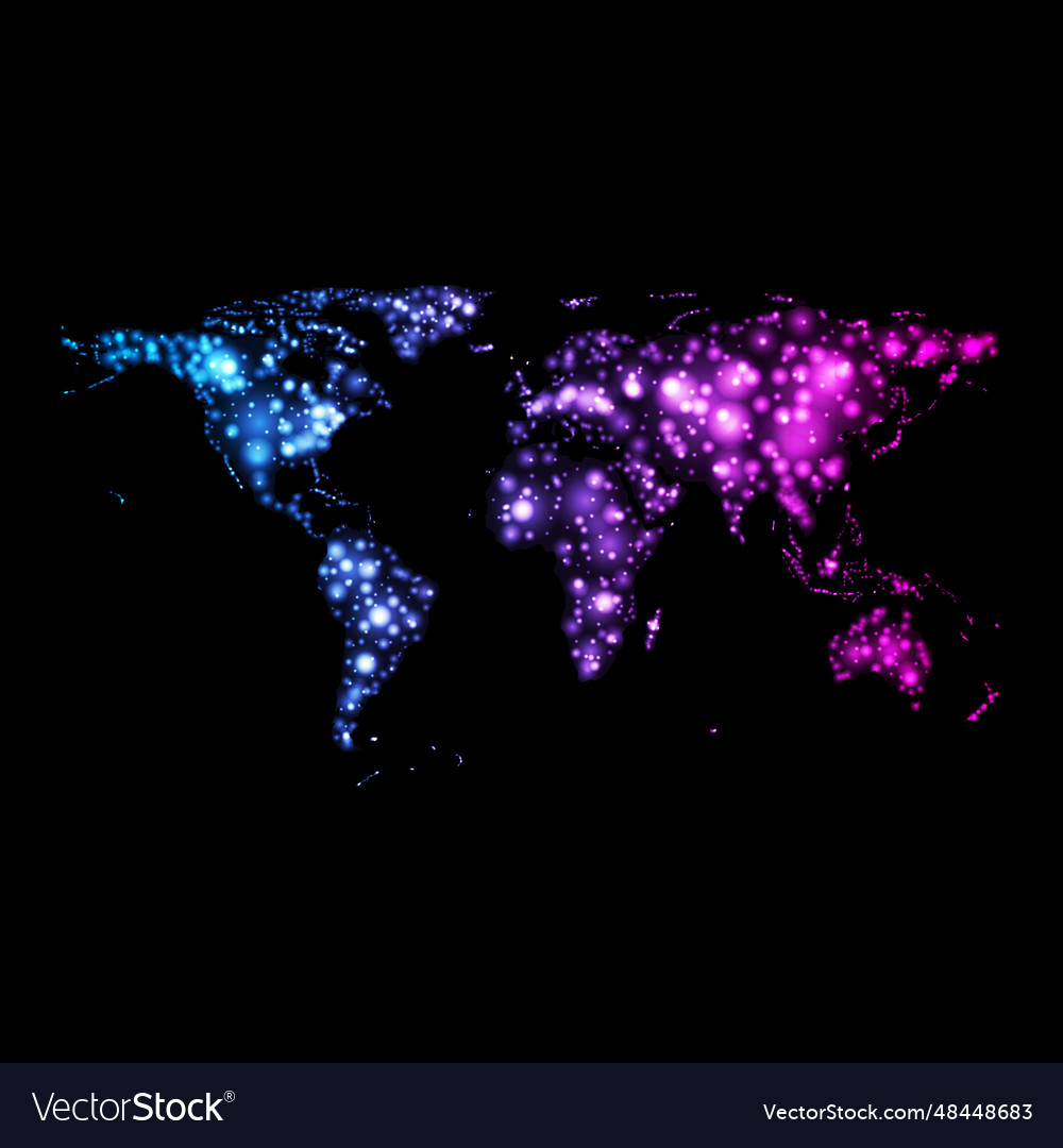 Bright glowing neon abstract world map on night