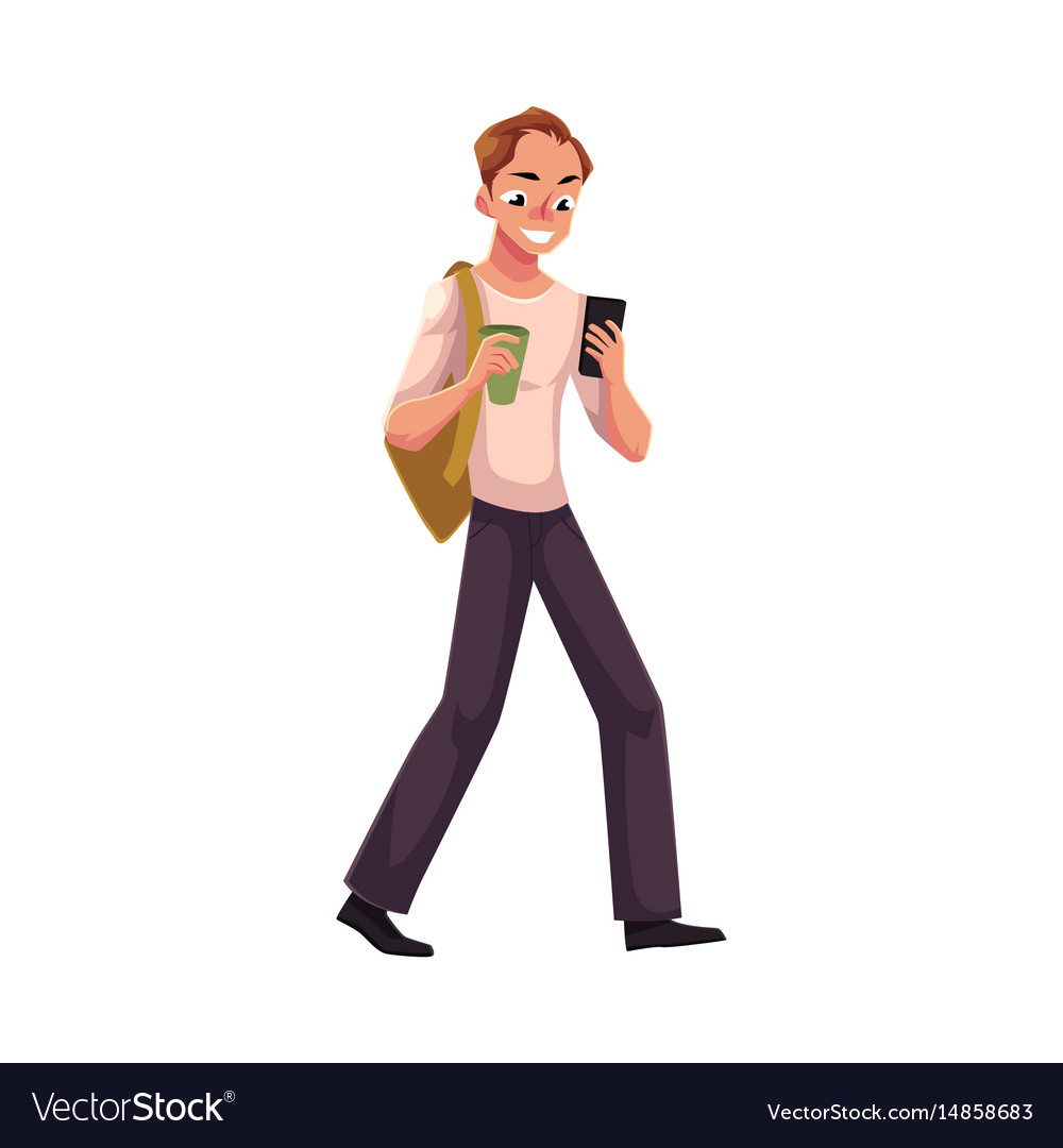 Man with backpack using smartphone mobile phone