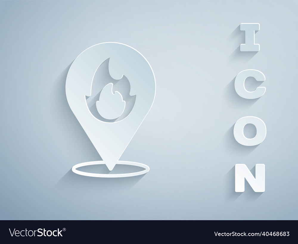 Paper cut map pointer with fire flame icon vector image Paper cut map pointer with fire flame icon