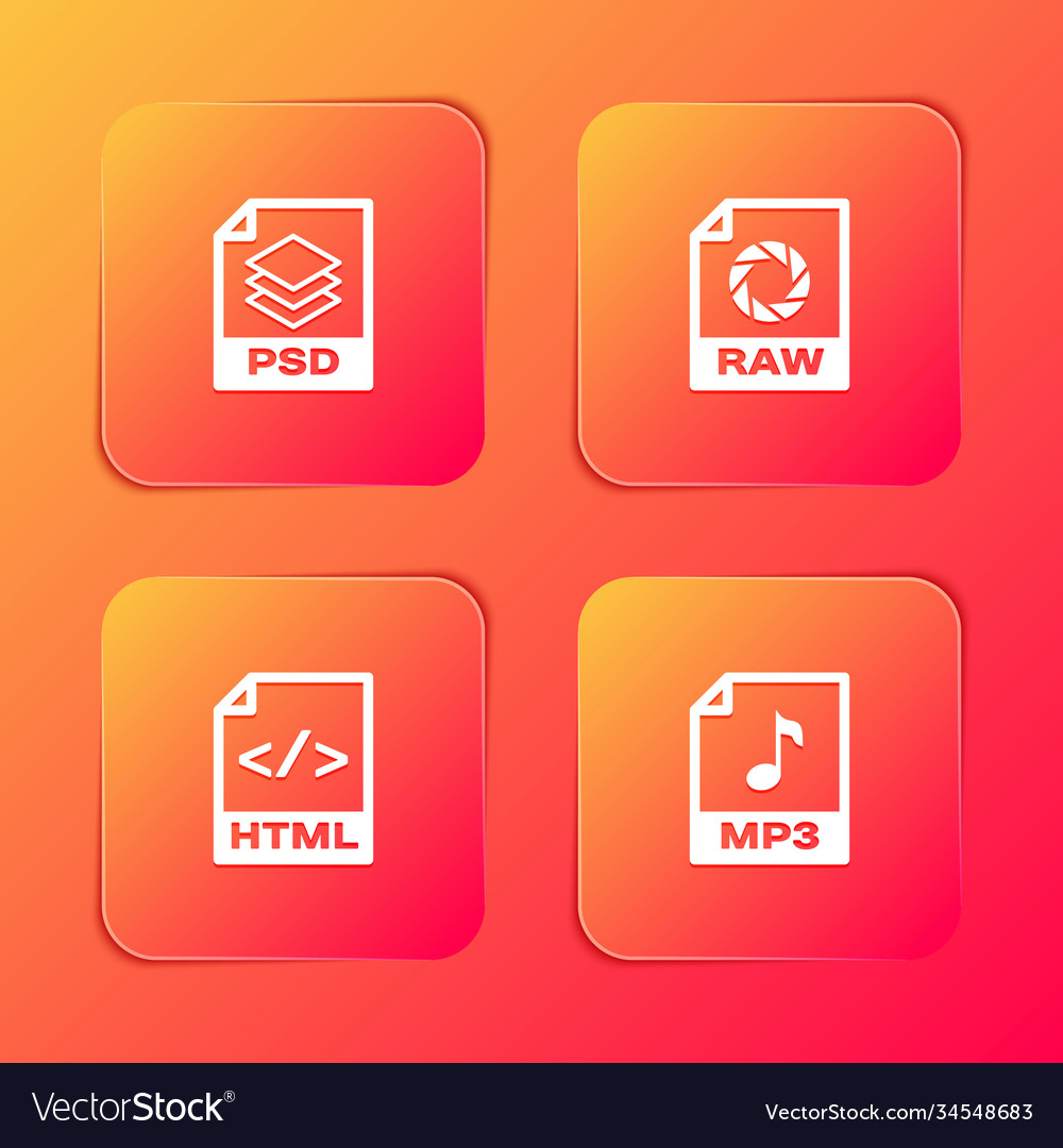 Set psd file document raw html and mp3 icon vector image Set psd file document raw html and mp3 icon