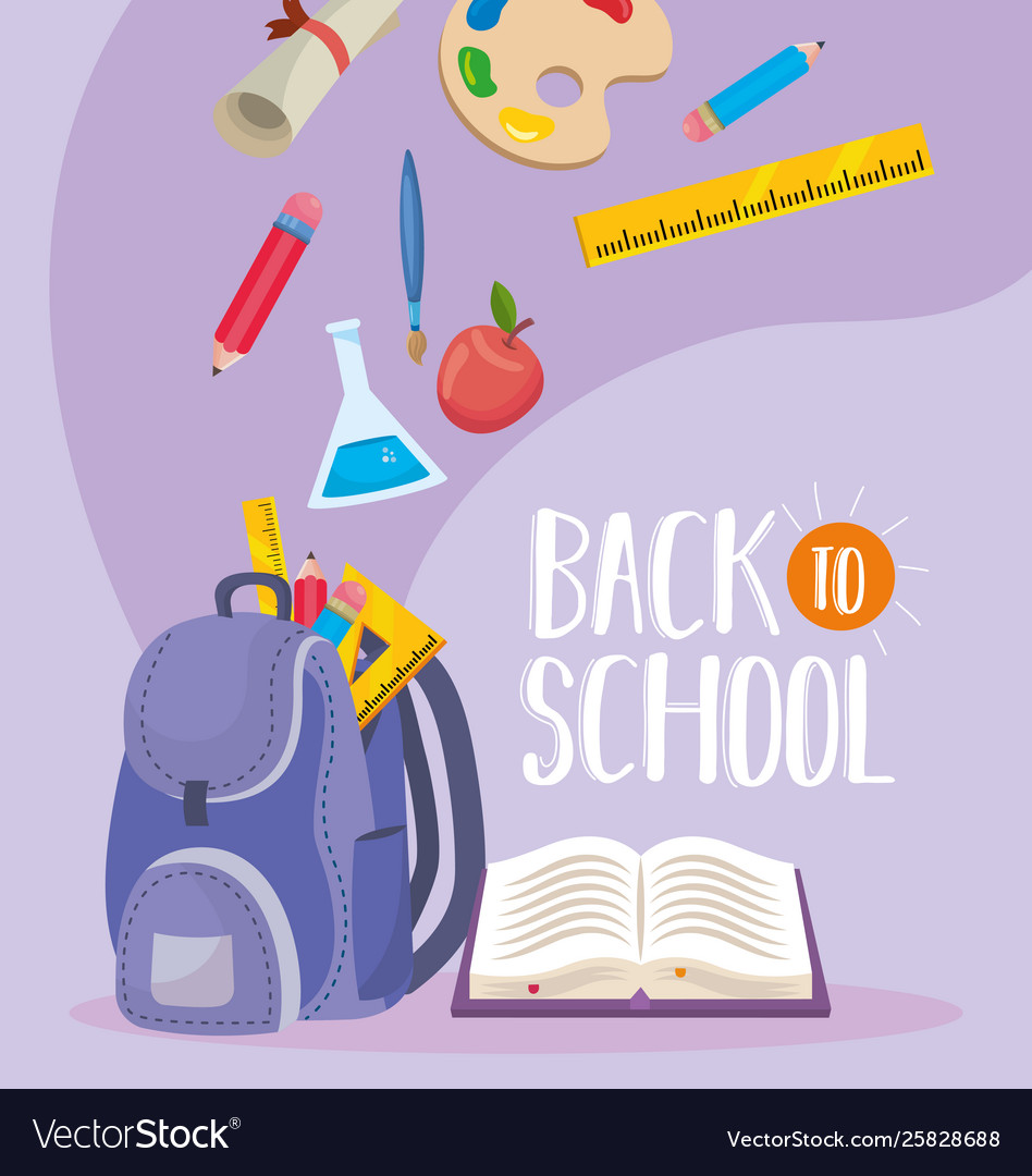 Backpack with erlenmeyer flask and book