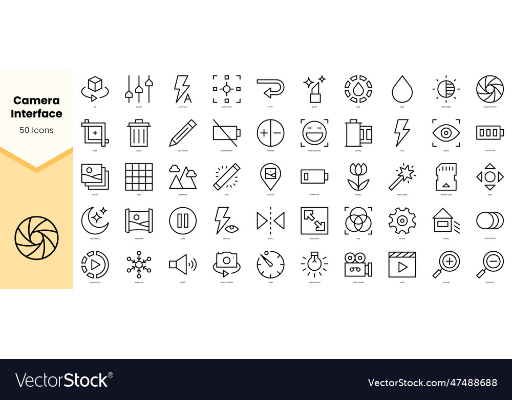 Set of camera interface icons simple line art vector image Set of camera interface icons simple line art