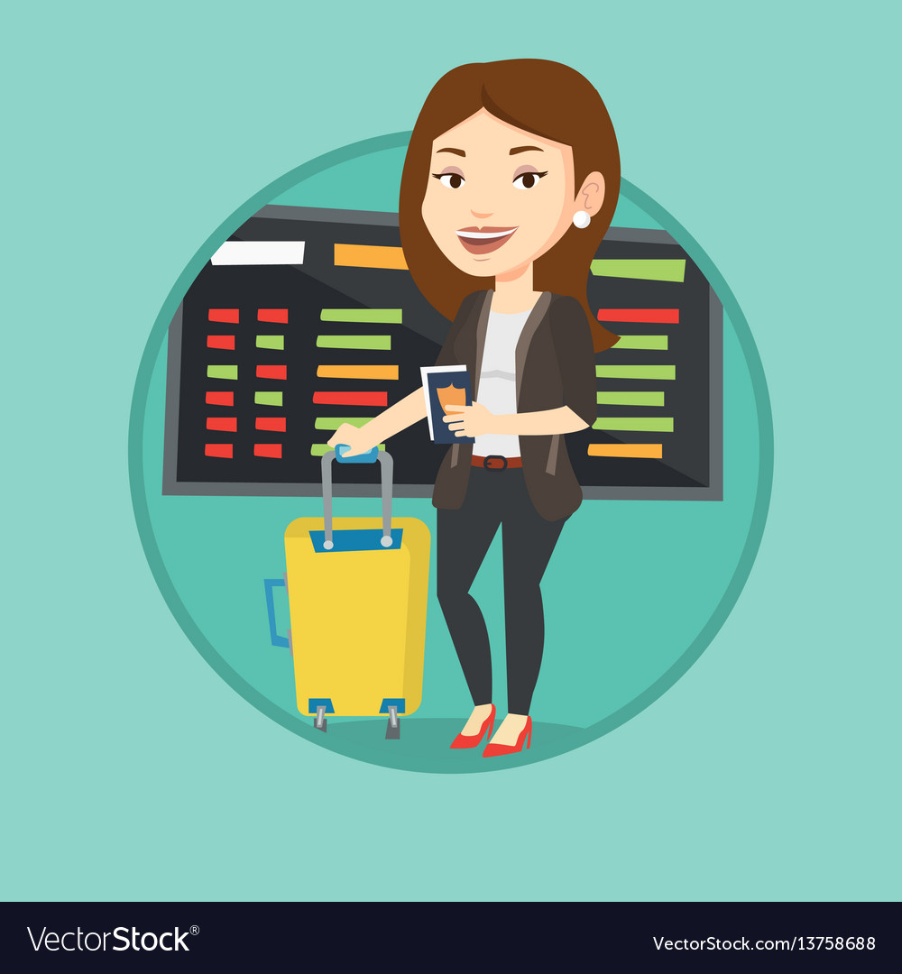 Woman with suitcase and ticket at the airport