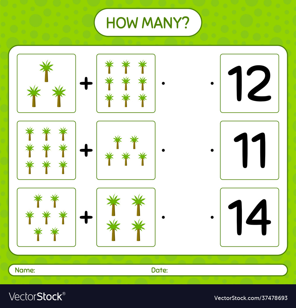 How many counting game with palm tree worksheet vector image How many counting game with palm tree worksheet