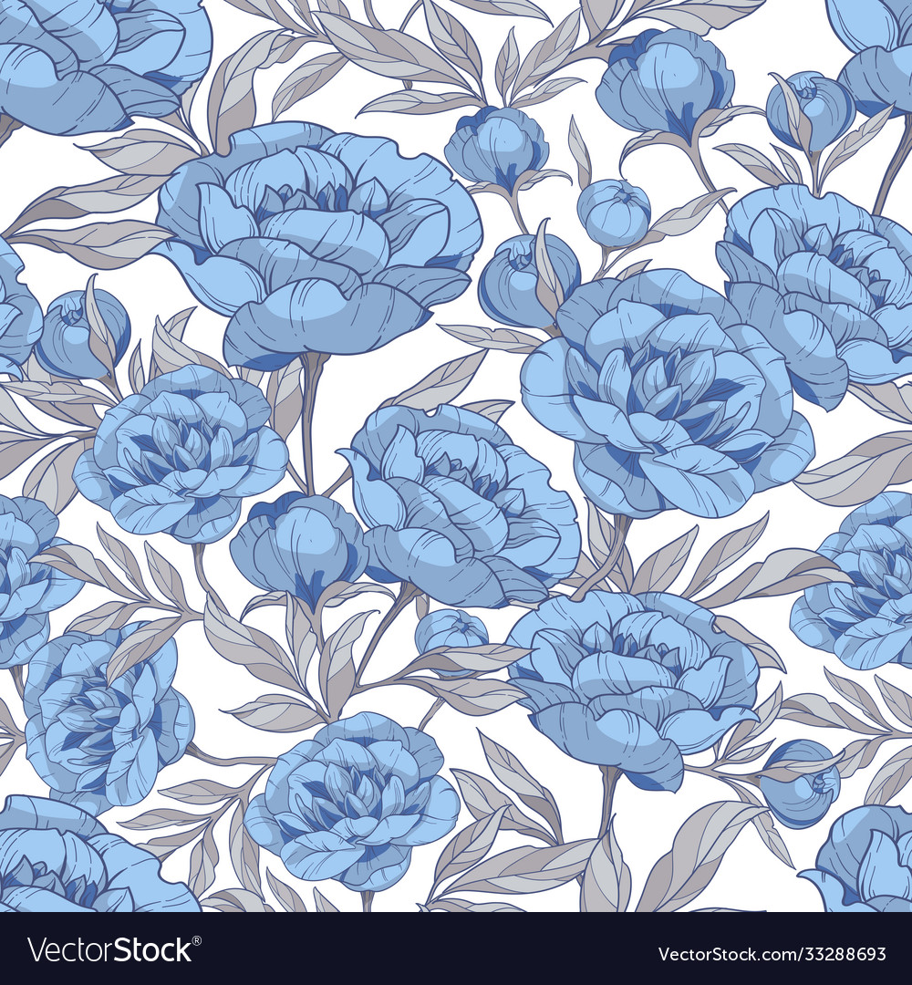 Seamless pattern with blue peonies flowers