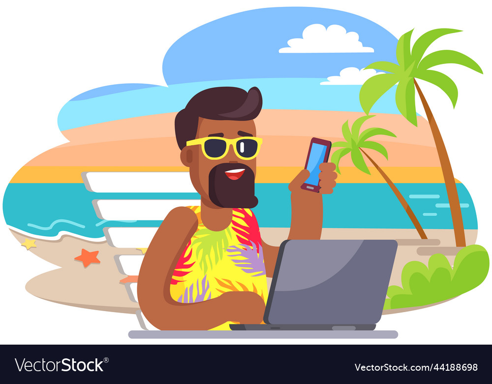 Male character on ocean beach shore businessman