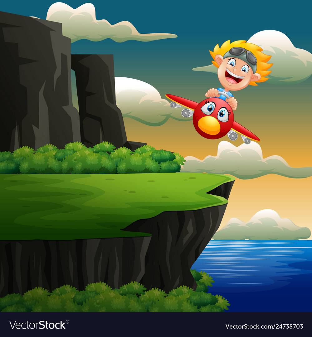 Download Happy little boy riding a plane above cliff Vector Image