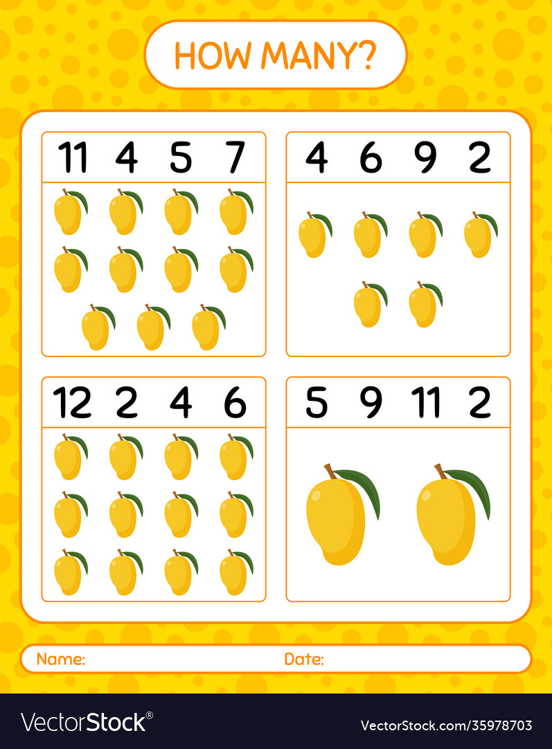 How many counting game with mango worksheet vector image How many counting game with mango worksheet