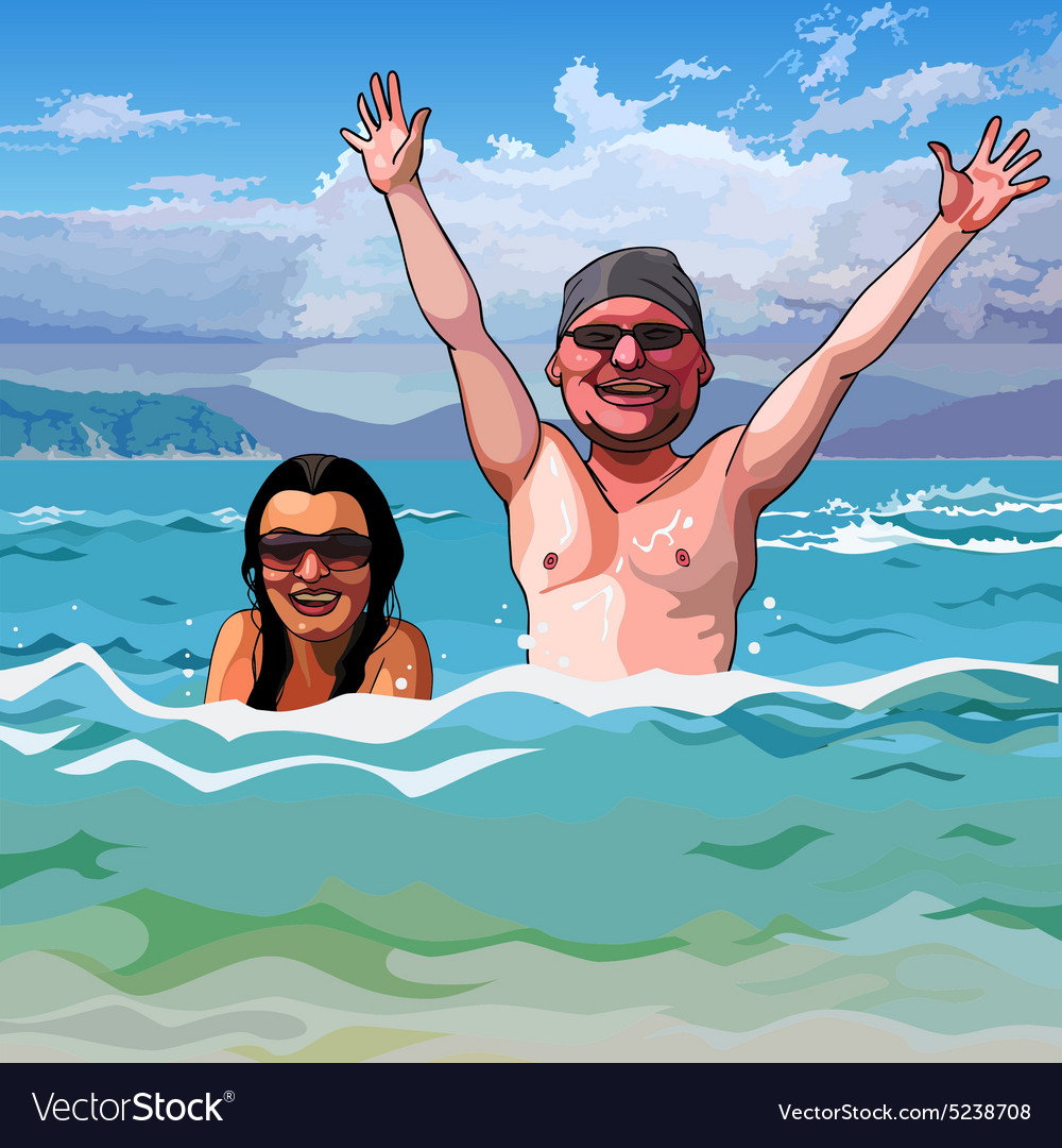 Cartoon happy man and woman in the sea