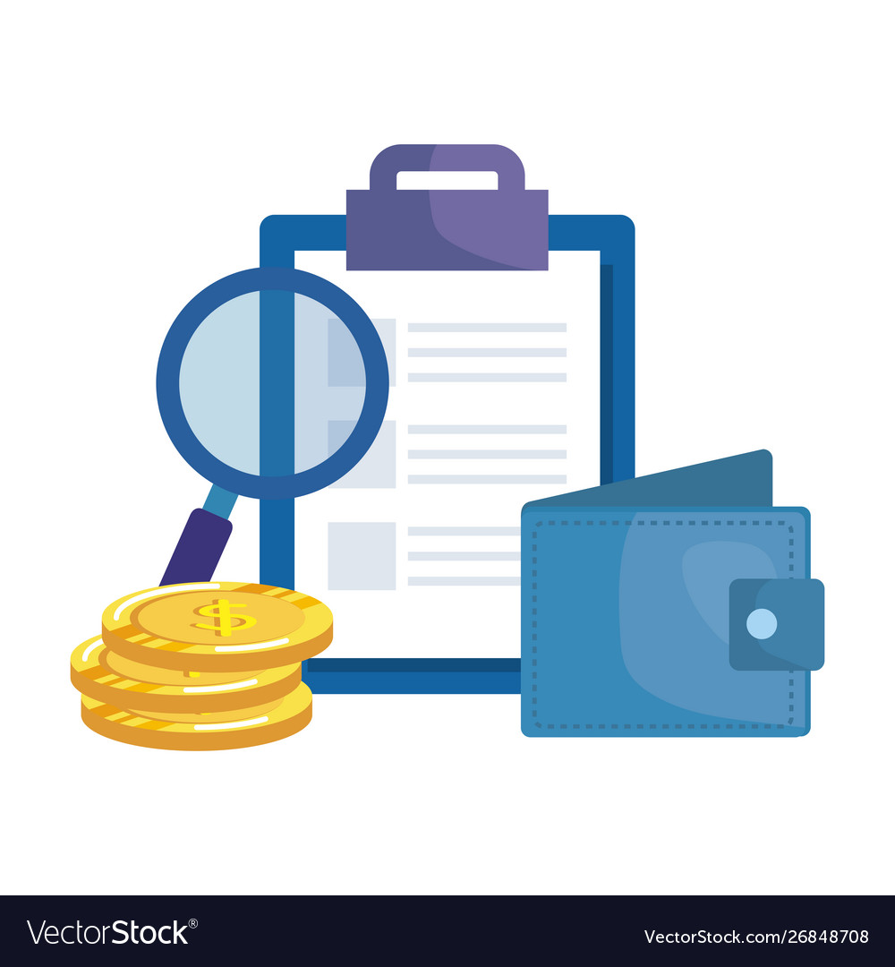 Checklist clipboard with wallet and magnifying vector image Checklist clipboard with wallet and magnifying