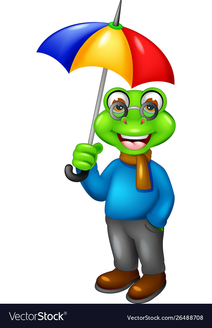 Funny green frog with umbrella cartoon