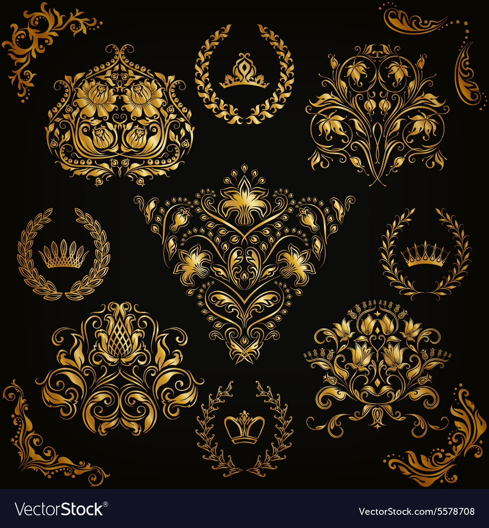 Ornate Gold Damask Floral Set