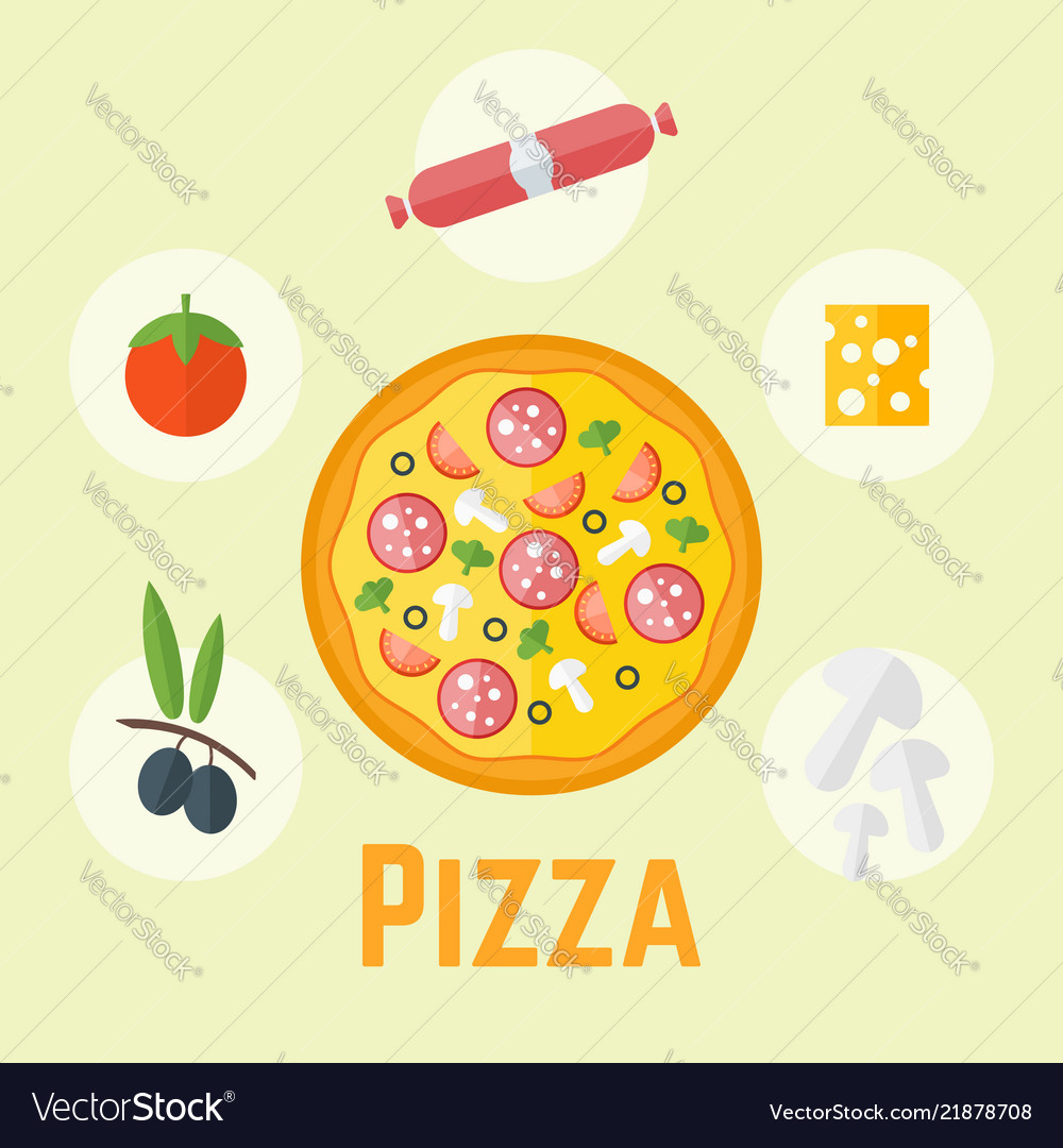 Pizza and ingredients colored Royalty Free Vector Image