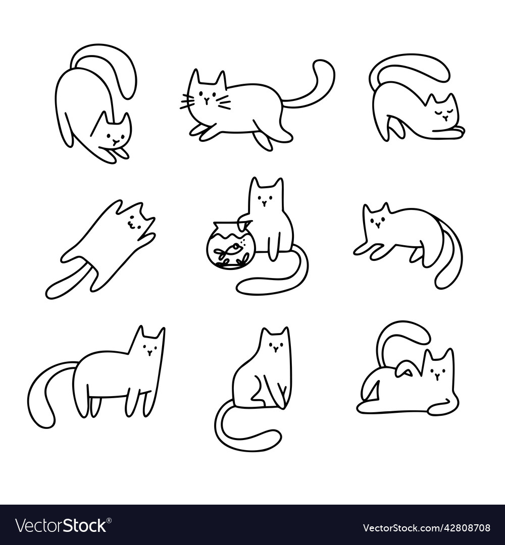 Set outline cartoon doodle hand drawn cats cute Vector Image