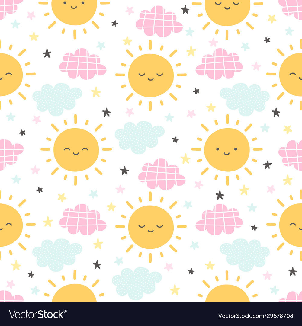 Sun with clouds and stars seamless pattern
