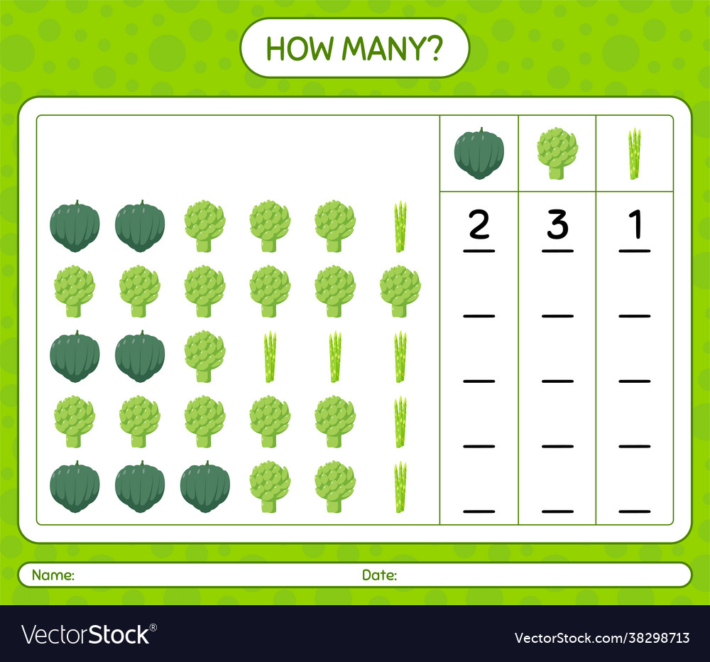 How many counting game with vegetables worksheet vector image How many counting game with vegetables worksheet