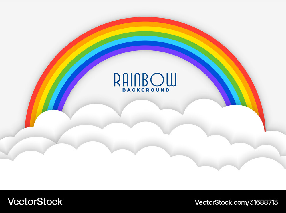 Rainbow background with white papercut clouds Vector Image
