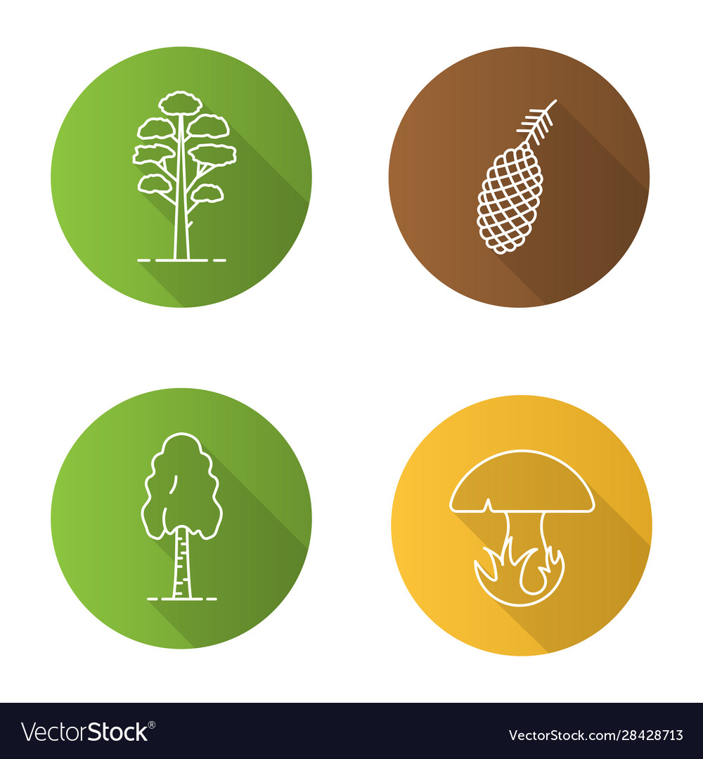 Trees flat linear long shadow icons set