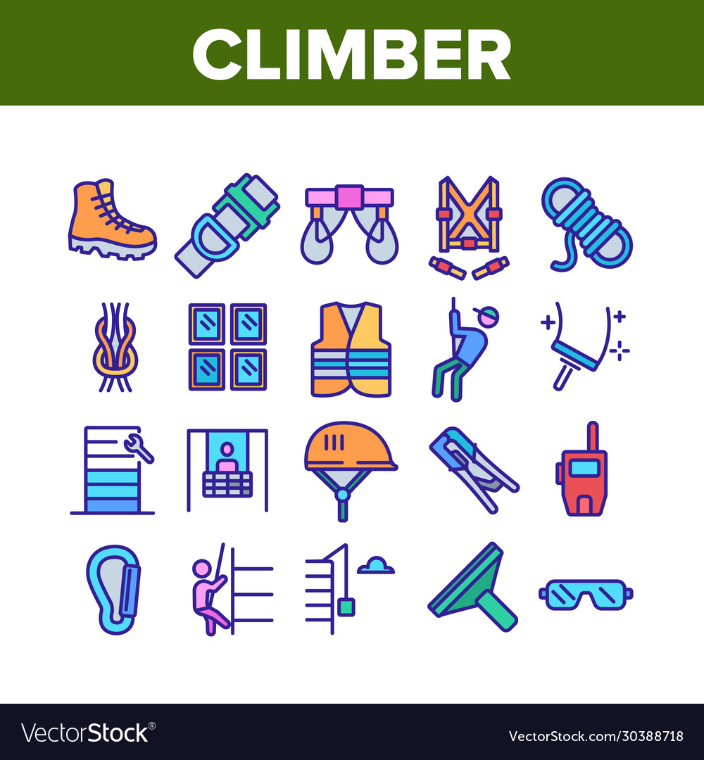 Climber equipment collection icons set