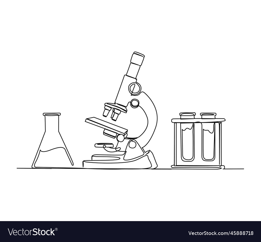 Continuous one line drawing of microscope and lab Vector Image