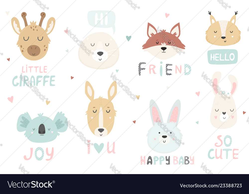 Big set of hand drawn cute animals ant text