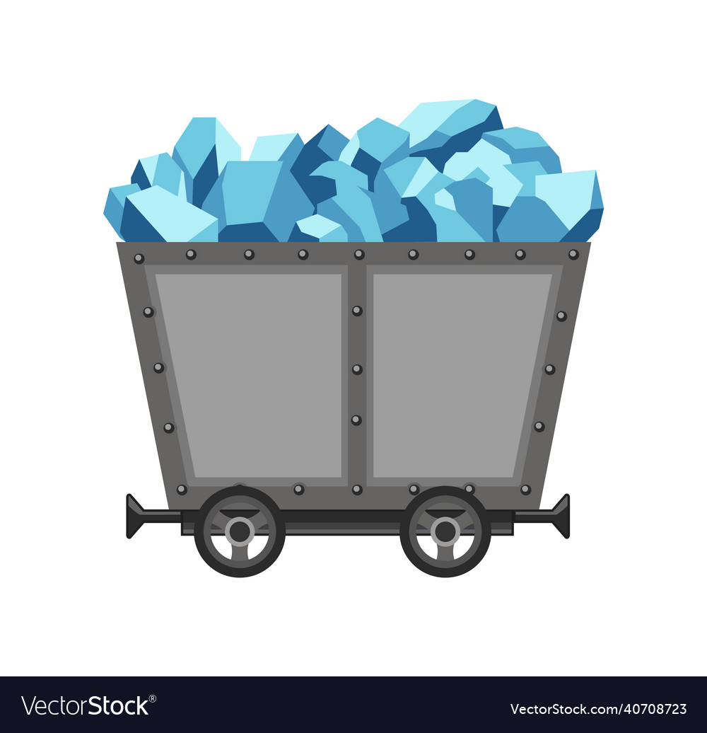 Metal mine cart loaded with crystals cartoon Vector Image