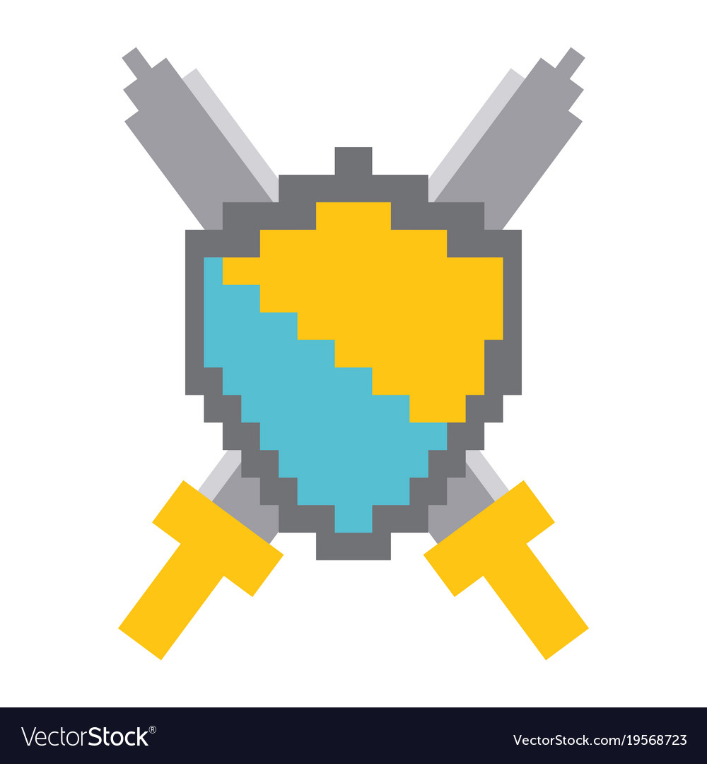 Pixelated shield and swords video game Royalty Free Vector